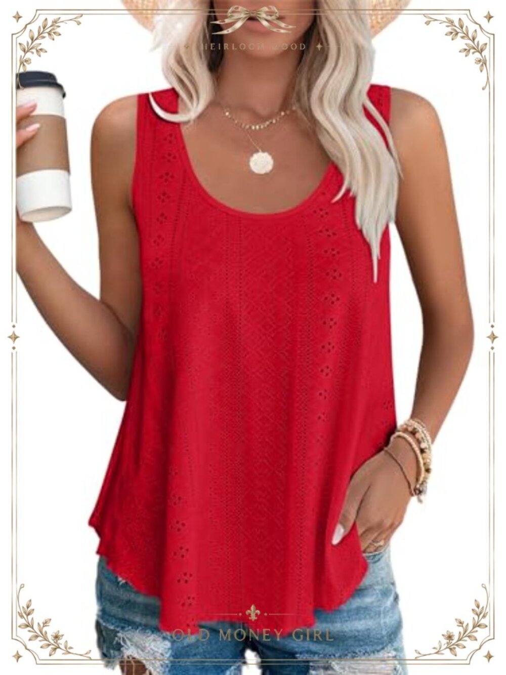 Womens Tank Top Eyelet Embroidery Scoop Neck Loose Sleeveless Summer Shirt